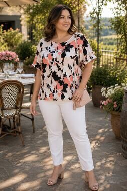Plus Size Abstract Floral Top 1X Pink Black Gold Dressy Blouse Career Office